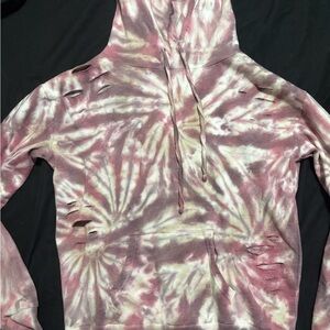 Tie-Dye Distressed Hoodie in Mauve and Cream